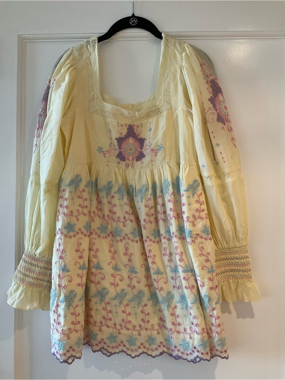 LoveShackFancy Pale Yellow Embroidered Peasant Tunic